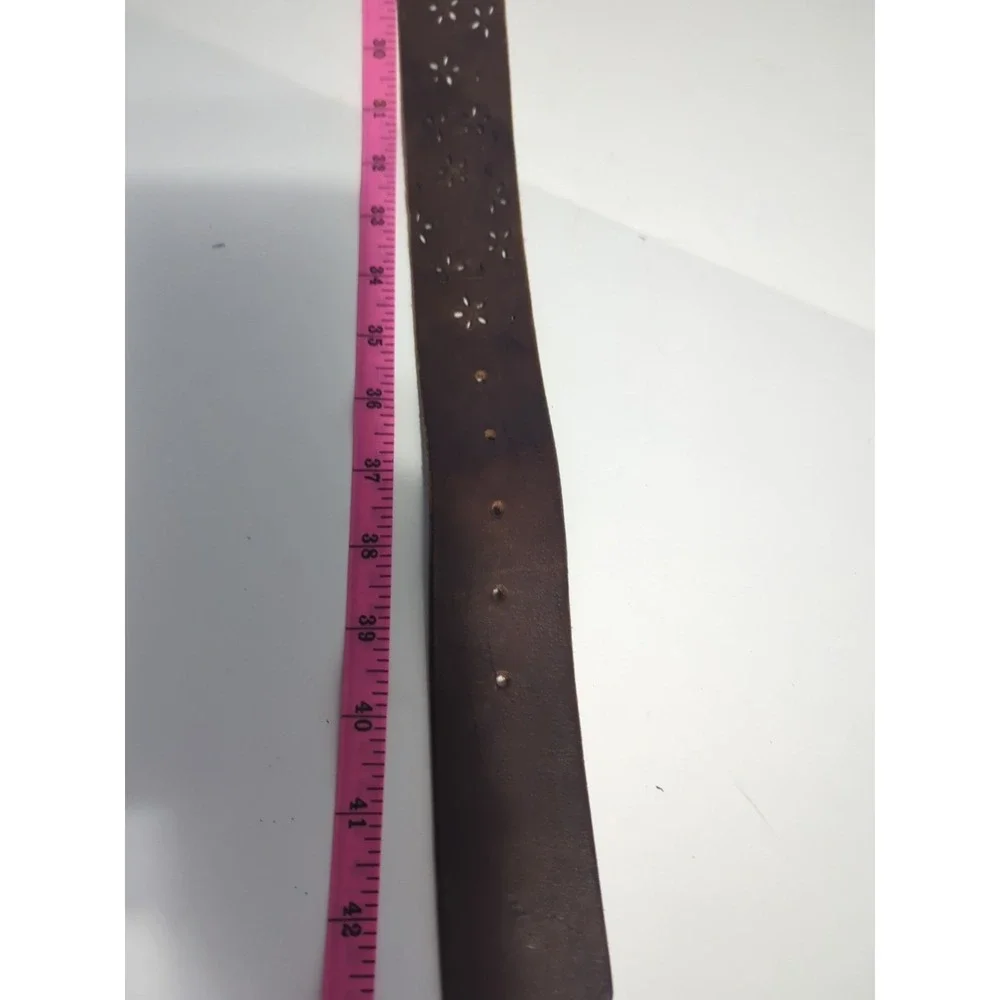Italian leather belt made in USA brown perforated floral Punched boho